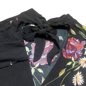 Free People Gemma Black Floral Tie Neck Long Sleeve Tunic Top Women's M